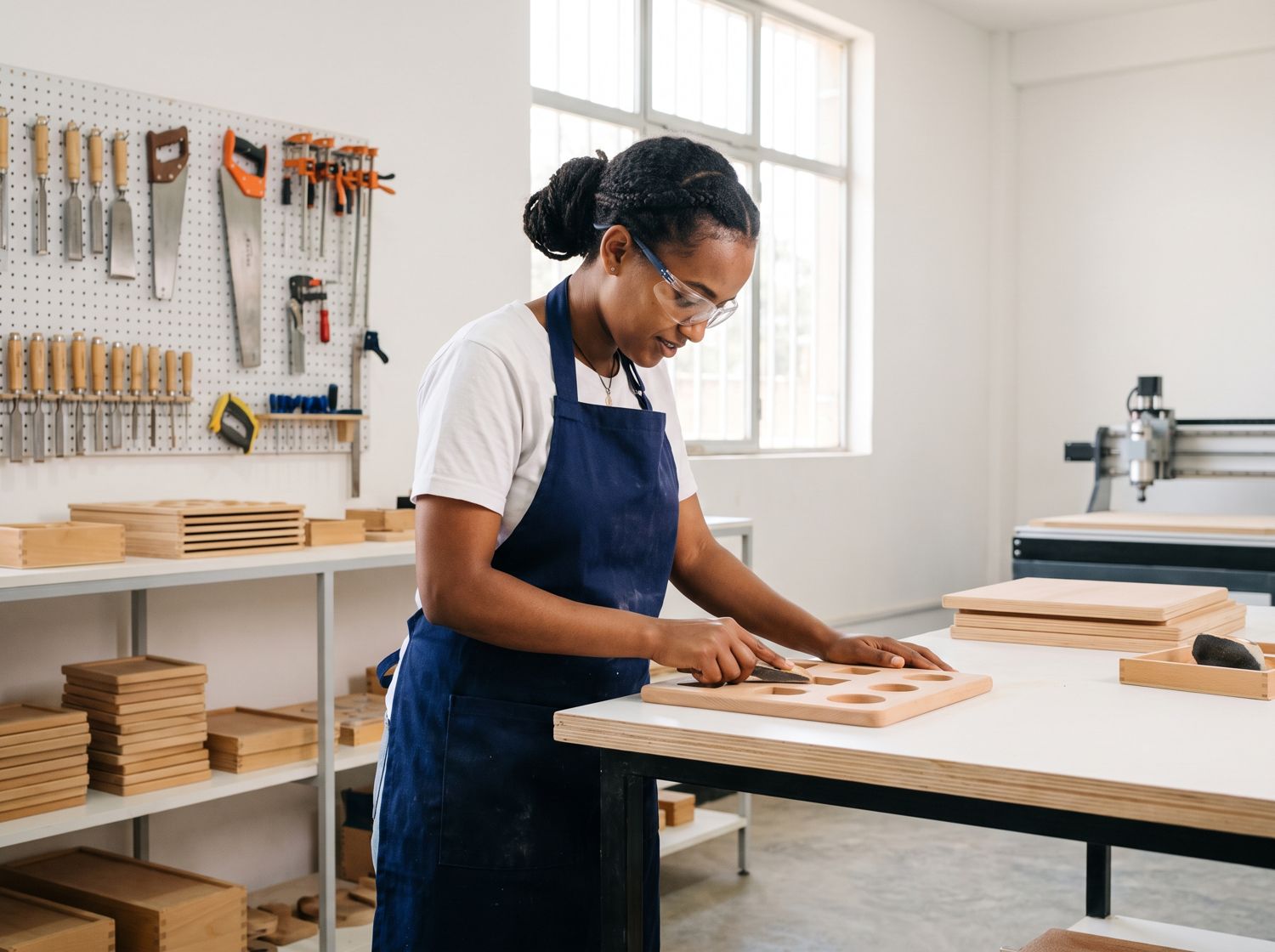 A woman finishing a wooden learning material in the workshop