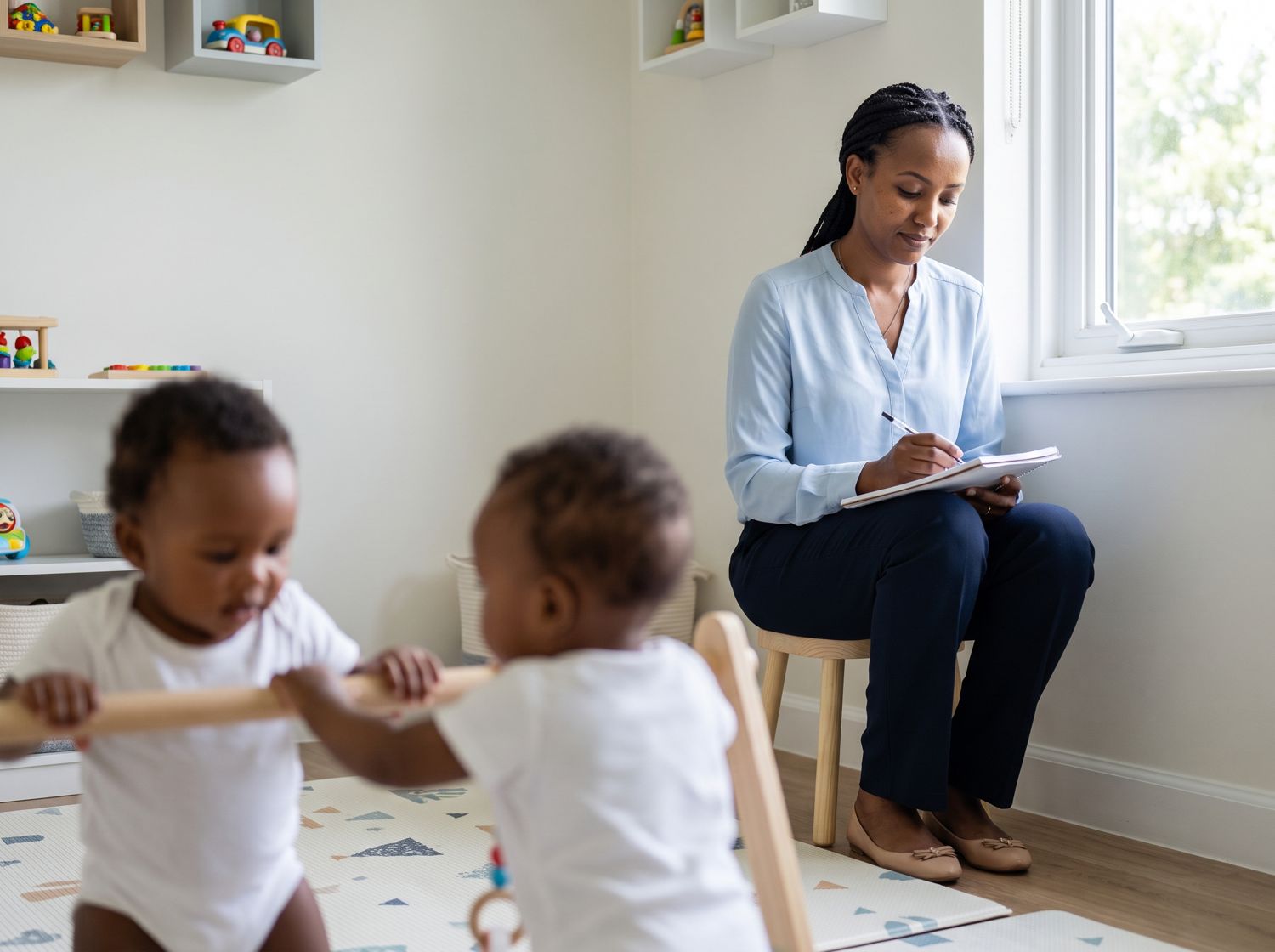 A trainee caregiver takes notes while observing infants