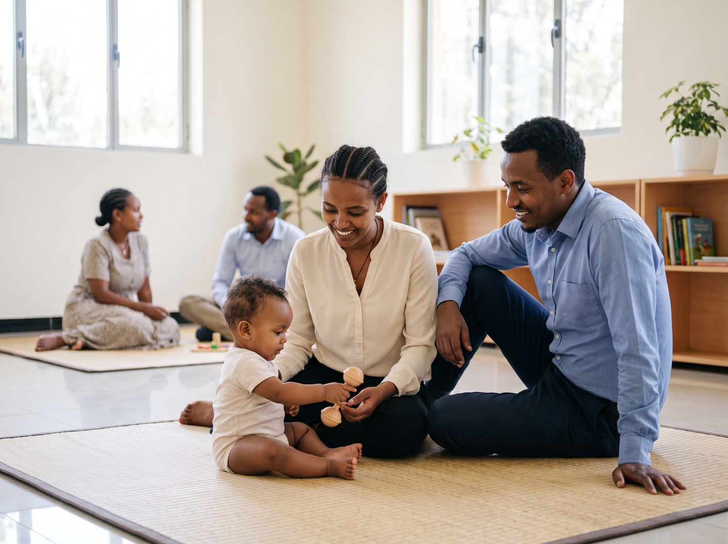 Parents on a mat with their baby, who reaches for a wooden rattle