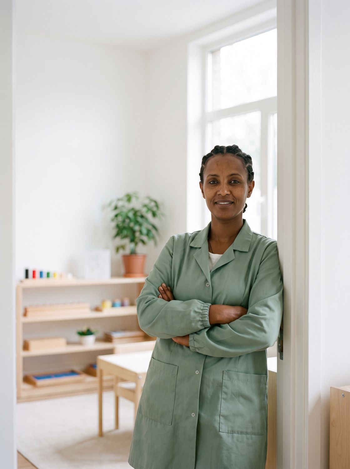 A confident caregiver standing in a classroom doorway